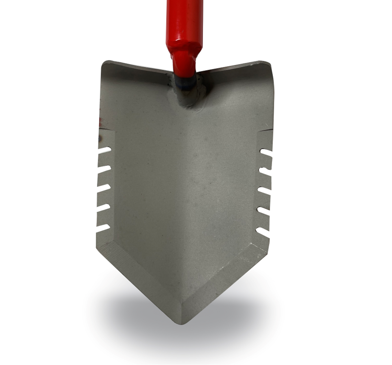 Red Garden Shovel blade closeup photo with serrations